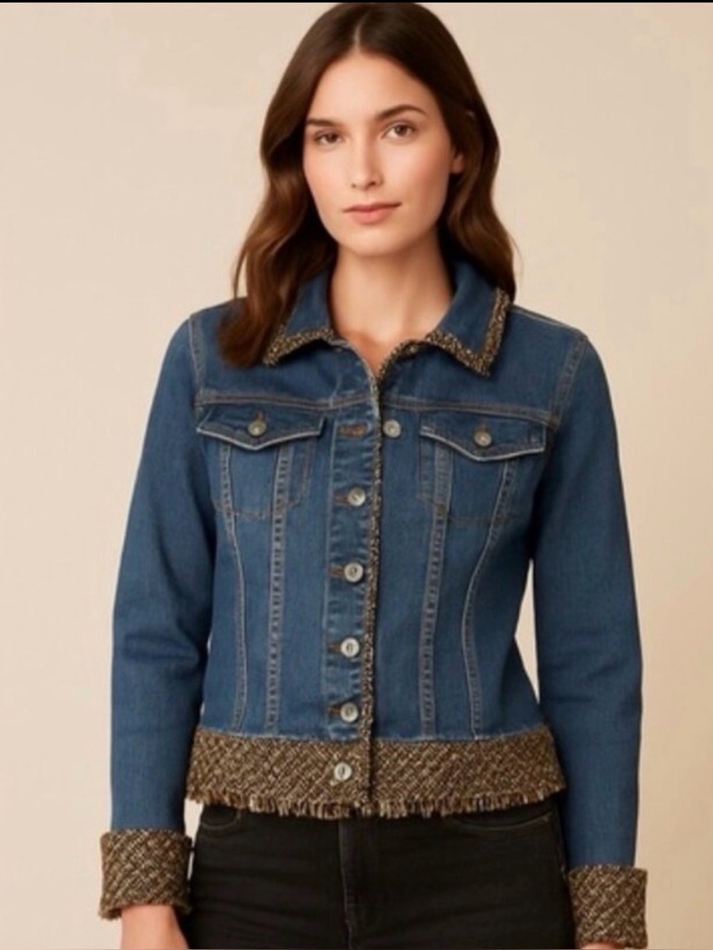 Coldwater Creek Denim Jacket W20 Western Fringe Trim Boho Cowgirl Chic Rustic